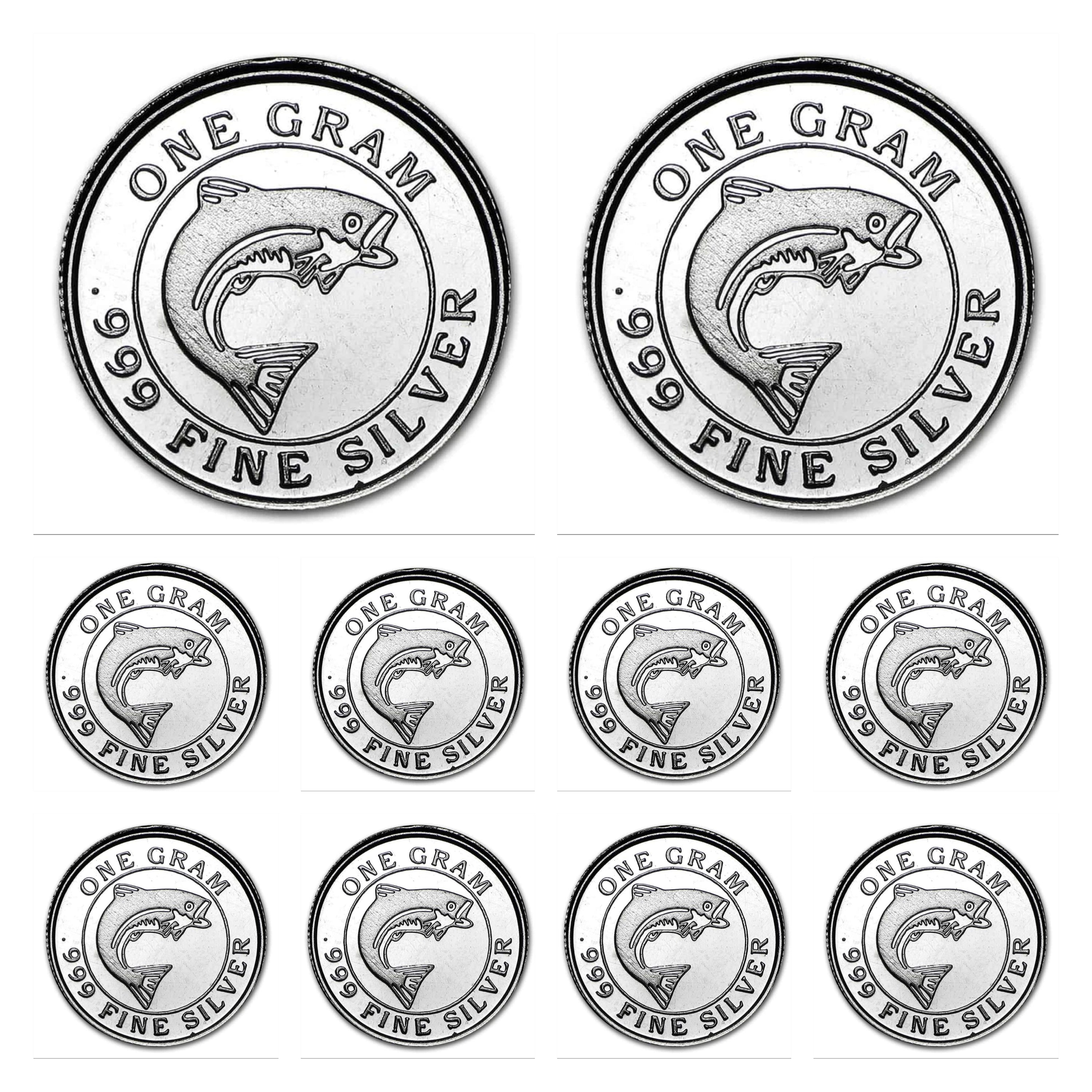 LOT 10 X 1 GRAM .999 FINE SILVER MONARCH SALMON FISH ROUNDS BU