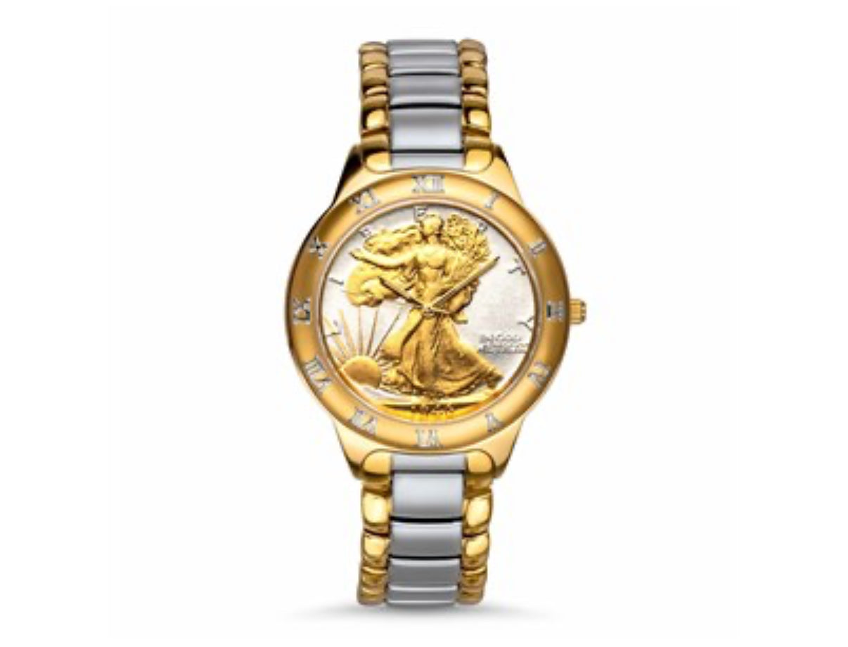 MENS GOLD/SILVER TONE WALKING LIBERTY HALF DOLLAR WATCH