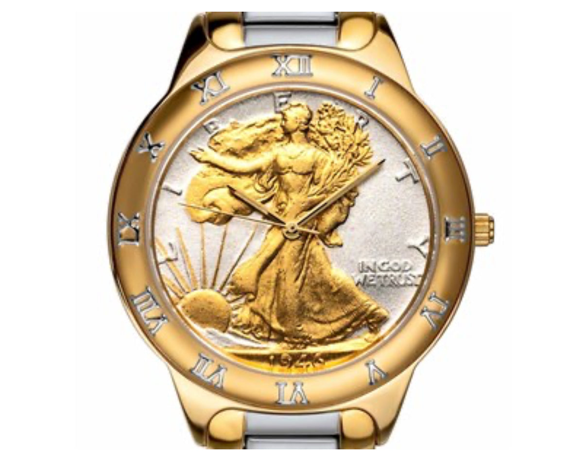 MENS GOLD/SILVER TONE WALKING LIBERTY HALF DOLLAR WATCH