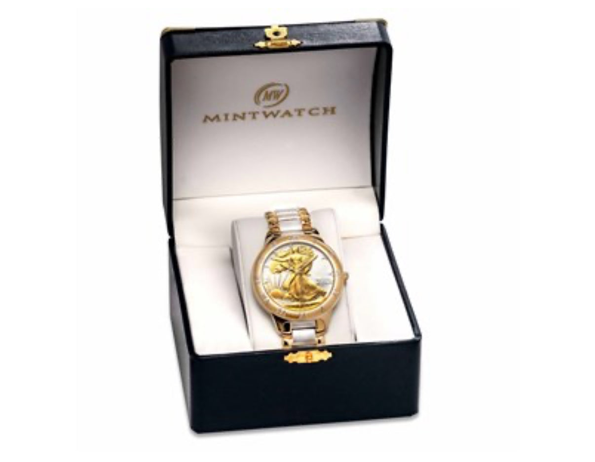 MENS GOLD/SILVER TONE WALKING LIBERTY HALF DOLLAR WATCH