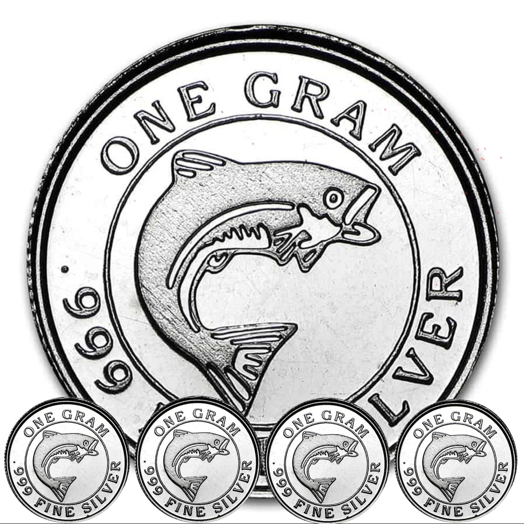 LOT 5 X 1 GRAM .999 FINE SILVER MONARCH SALMON FISH ROUNDS BU liquidbullion