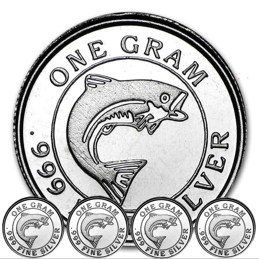 LOT 5 X 1 GRAM .999 FINE SILVER MONARCH SALMON FISH ROUNDS BU liquidbullion