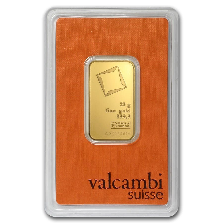 20 GRAM VALCAMBI SUISSE .9999 FINE GOLD BAR IN ASSAY