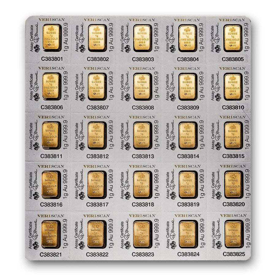 25 X 1 GRAM PAMP SUISSE .9999 FINE MULTIGRAM GOLD BARS IN ASSAY CARD