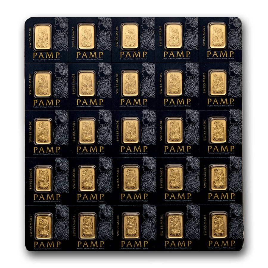 25 X 1 GRAM PAMP SUISSE .9999 FINE MULTIGRAM GOLD BARS IN ASSAY CARD