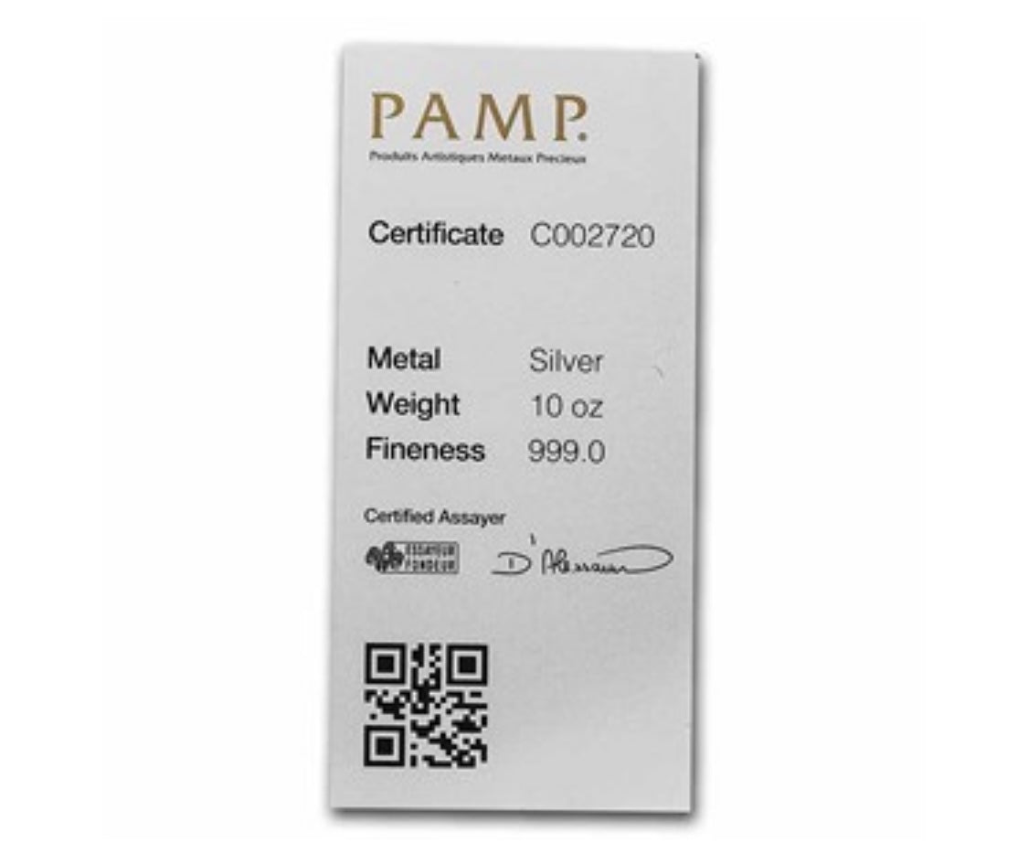 10 TROY OZ .999 FINE SILVER PAMP SUISSE BAR CAST IGNOT BU