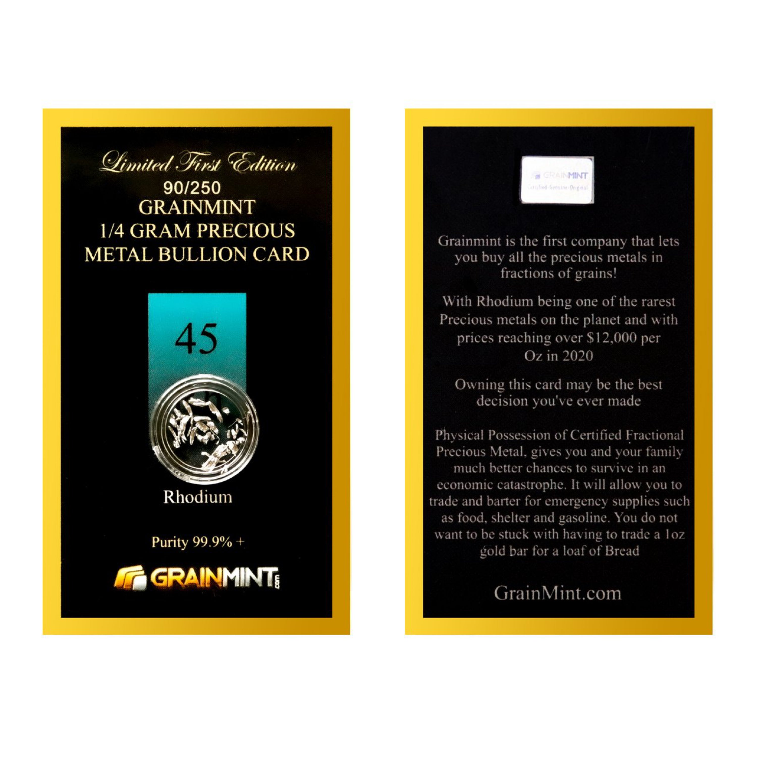 1/4 GRAM 99.9% PURE RHODIUM CRYSTAL METAL - IN COA CARD