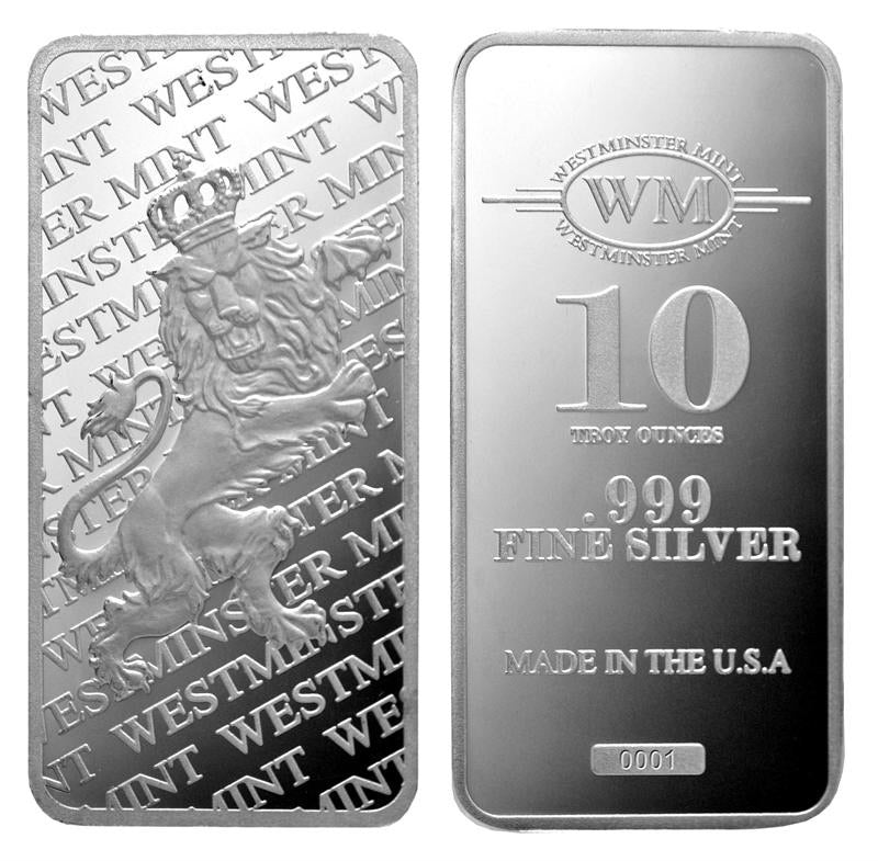 10 TROY OZ .999 FINE SILVER WESTMINSTER MINT BAR BU