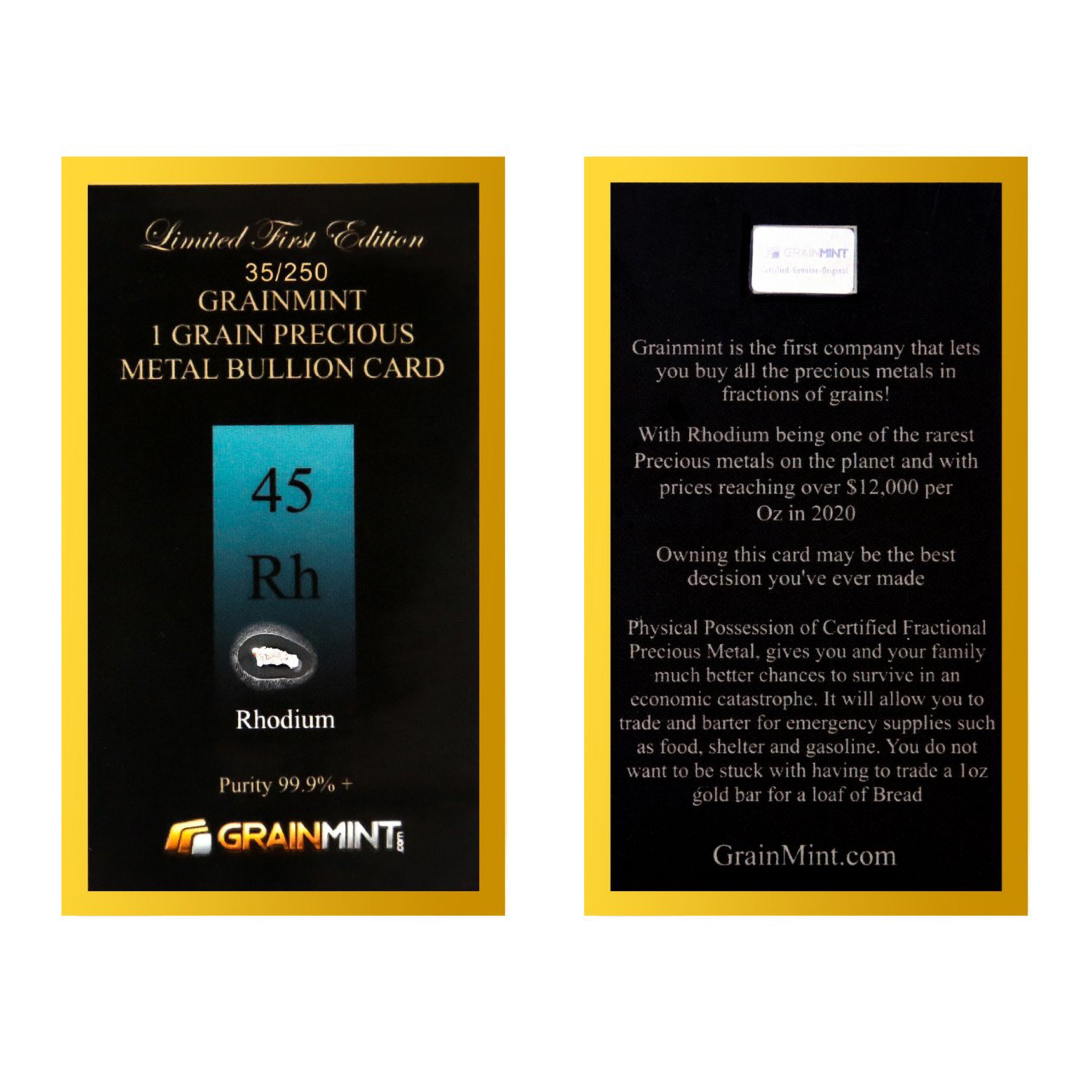 1 GRAIN 99.9% PURE RHODIUM CRYSTAL METAL - IN COA CARD