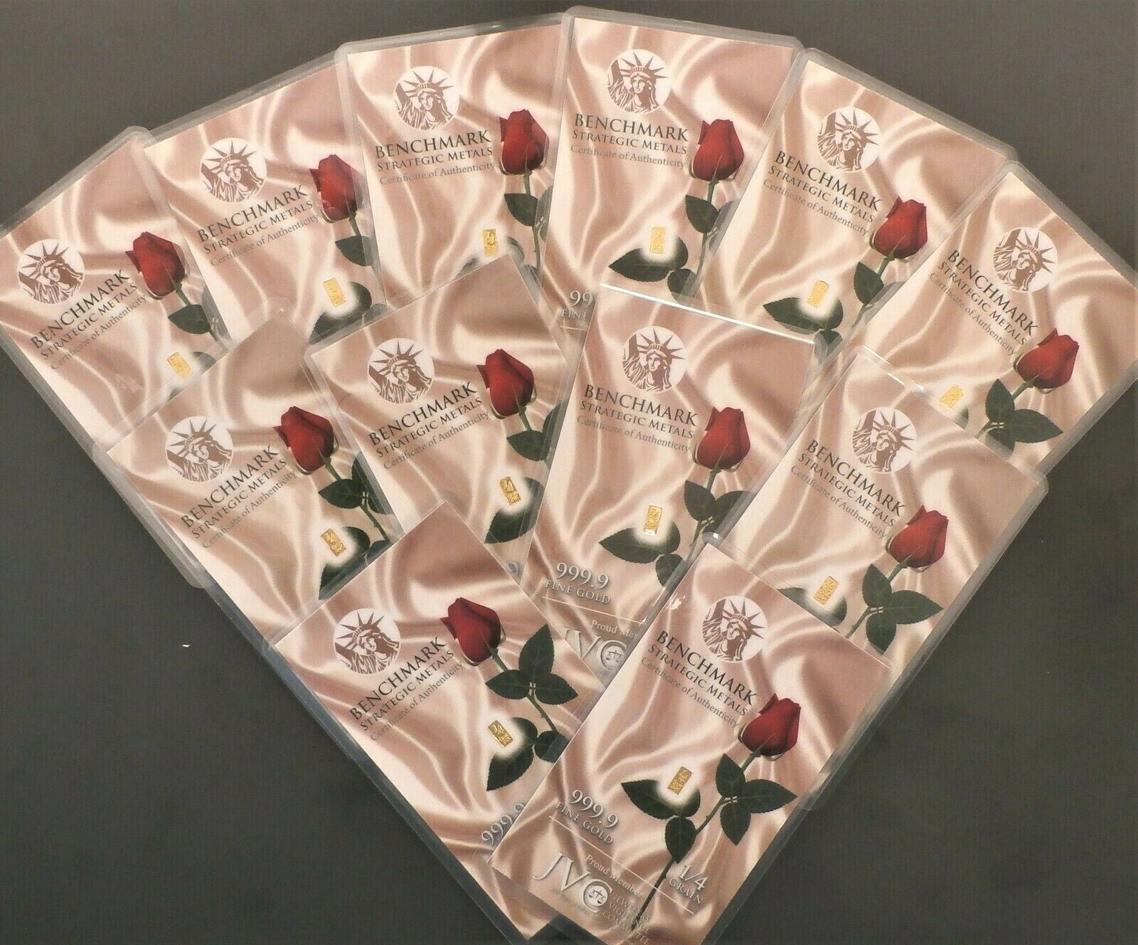 LOT 12 X 1/4 GRAIN .9999 FINE 24K GOLD BULLION BARS “ONE DOZEN ROSE WITH GOLD BARS” - IN COA CARD WHITE