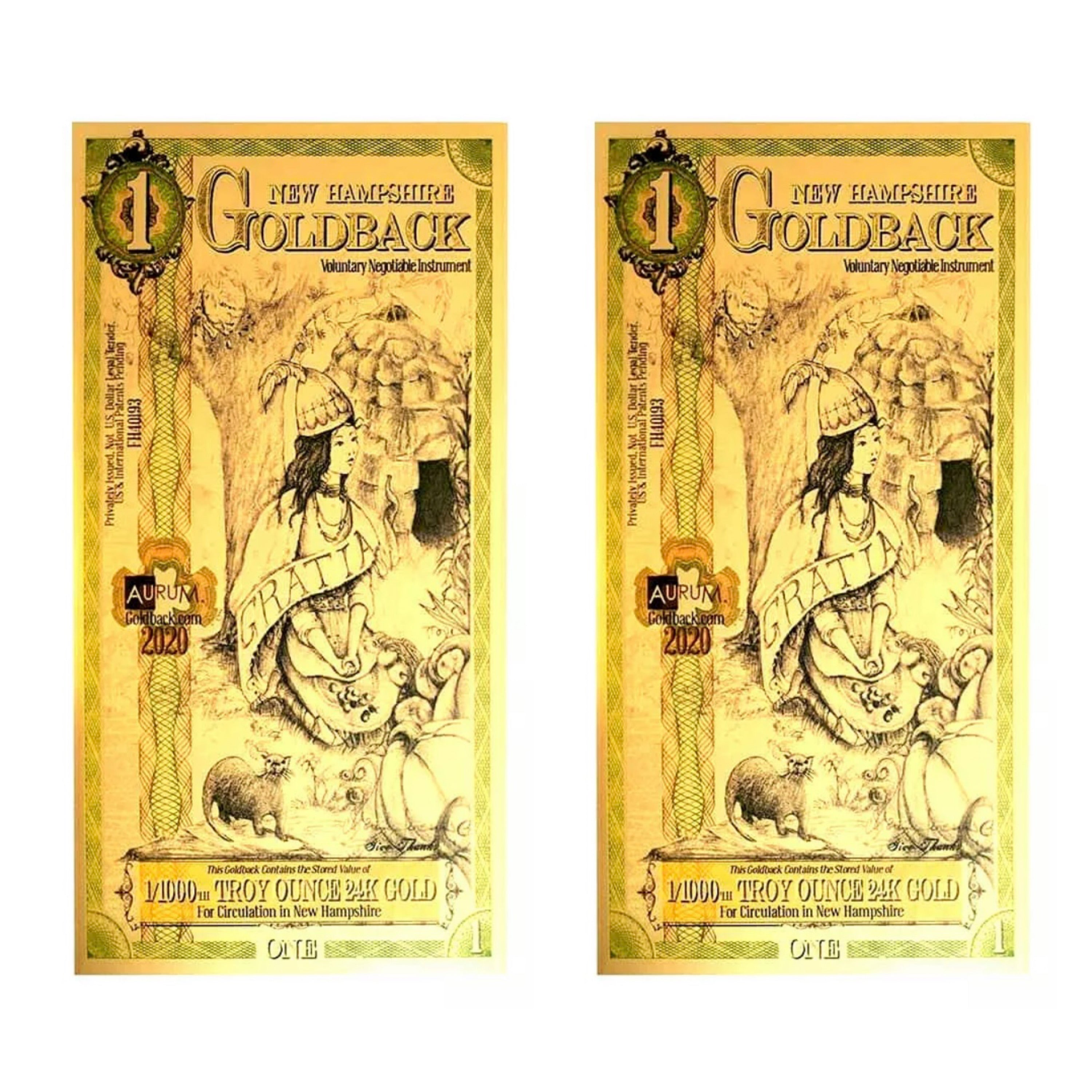 LOT 2 X 1 NEW HAMPSHIRE GOLDBACK AURUM 24KT GOLD FOIL NOTE BU 1/1000TH OZ .999 FINE GOLD