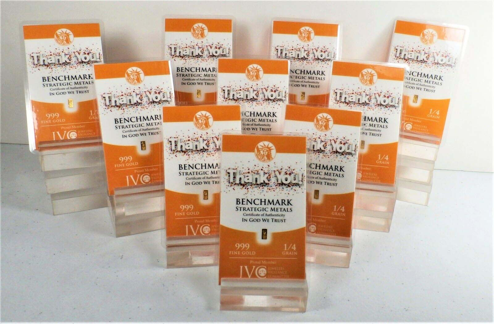 LOT 10 X 1/4 GRAIN .9999 FINE 24K GOLD BULLION BAR “THANK YOU” - IN COA CARD