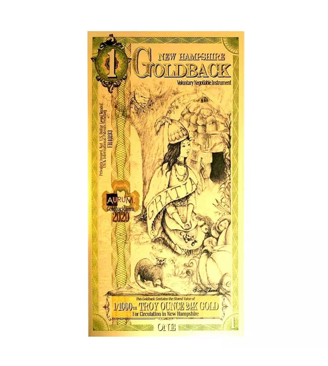 LOT 2 X 1 NEW HAMPSHIRE GOLDBACK AURUM 24KT GOLD FOIL NOTE BU 1/1000TH OZ .999 FINE GOLD
