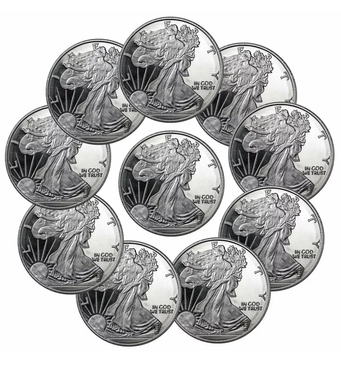 LOT 10 X 1 TROY OZ .999 FINE SILVER WALKING LIBERTY ROUNDS BU