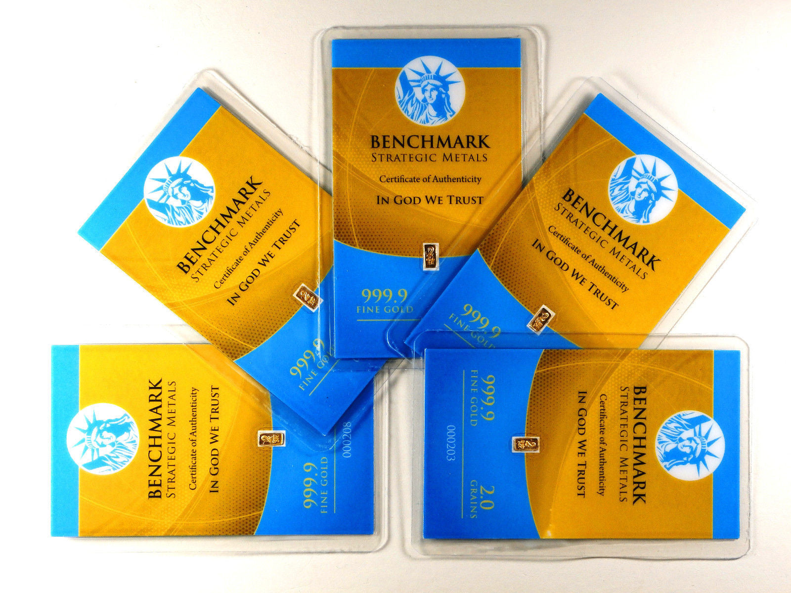 LOT 5 X 2 GRAIN .9999 FINE 24K GOLD BULLION BAR - IN COA CARD