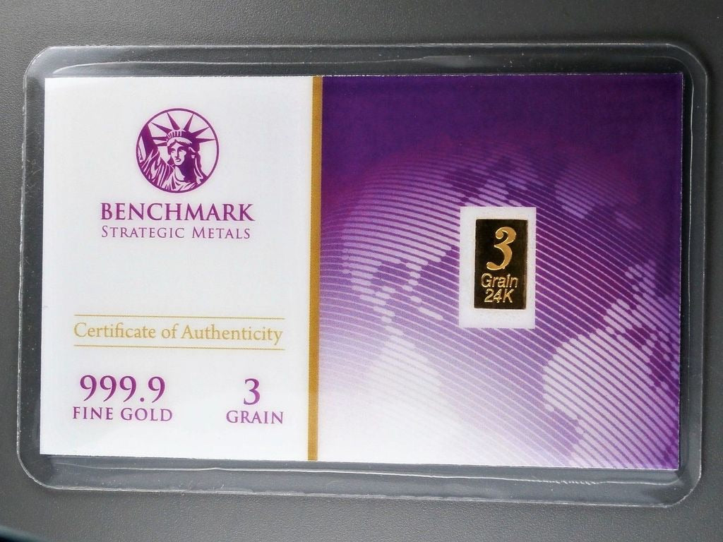 3 GRAIN .9999 FINE 24K GOLD BULLION BAR - IN COA CARD