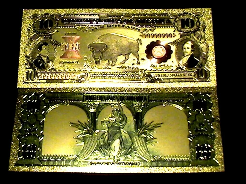 99.9% 24K GOLD 1901 $10 BISON BILL US BANKNOTE IN PROTECTIVE SLEEVE W ...